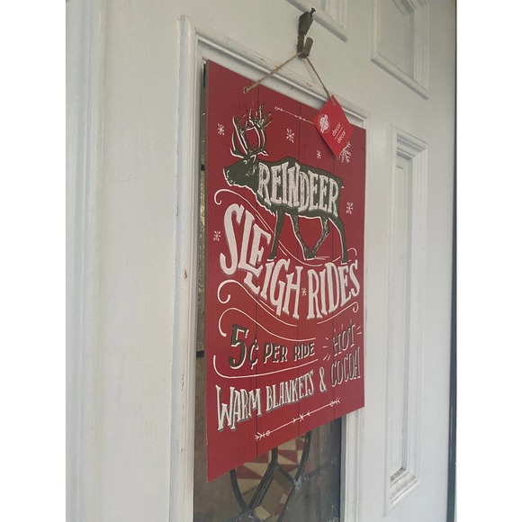 Reindeer Sleigh Ride Wood Sign Farmhouse Wall Decor Door Hanger Wreath Sign - Picture 3 of 3